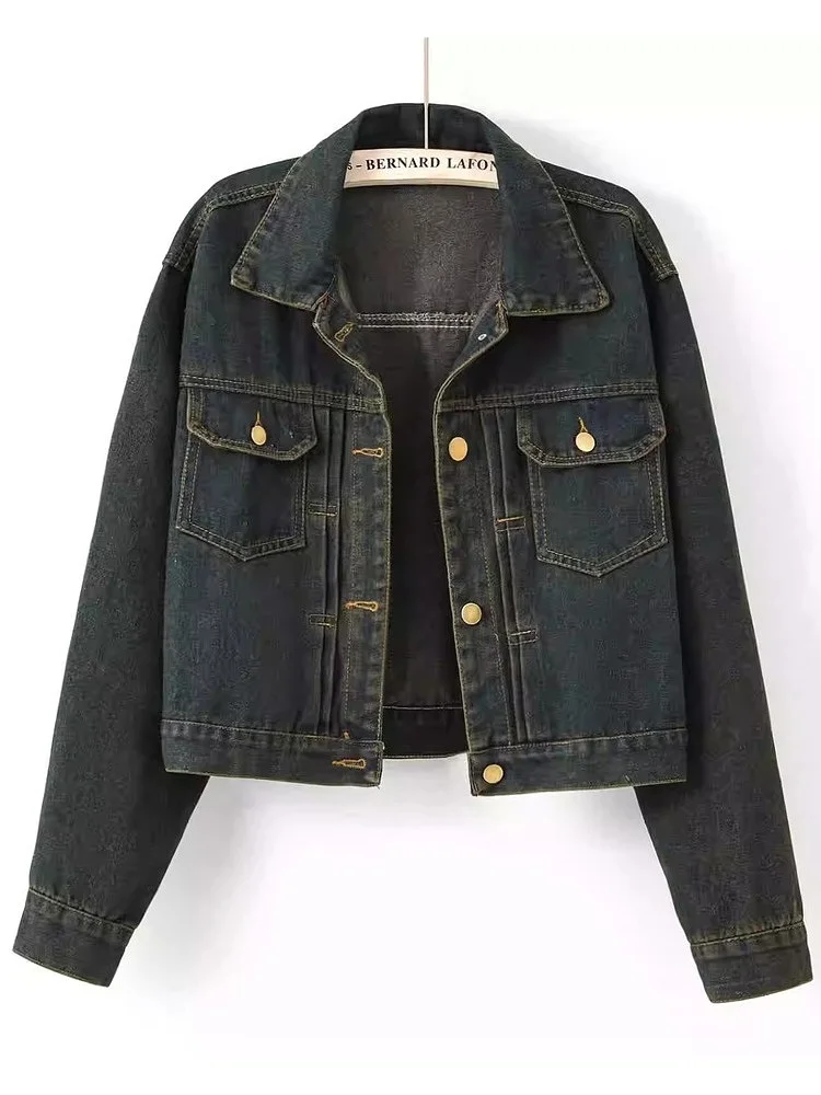 

Ретро-джинсовая куртка темно-синего цвета для женщин, свободного кроя, универсальная, маленького размера, элегантная верхняя одежда, весна-осень, сезонная.