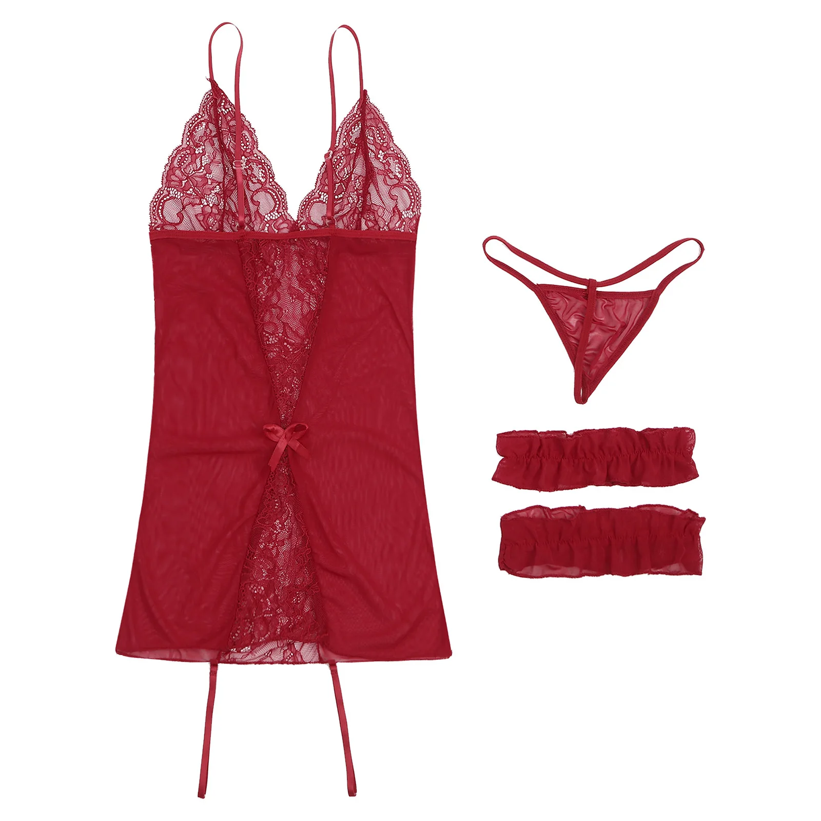 Set di biancheria intima di pizzo trasparente Sexy da donna Teddy Mini abito aderente con scollo a V e spalline con perizoma e anello per le gambe pigiama Outfit