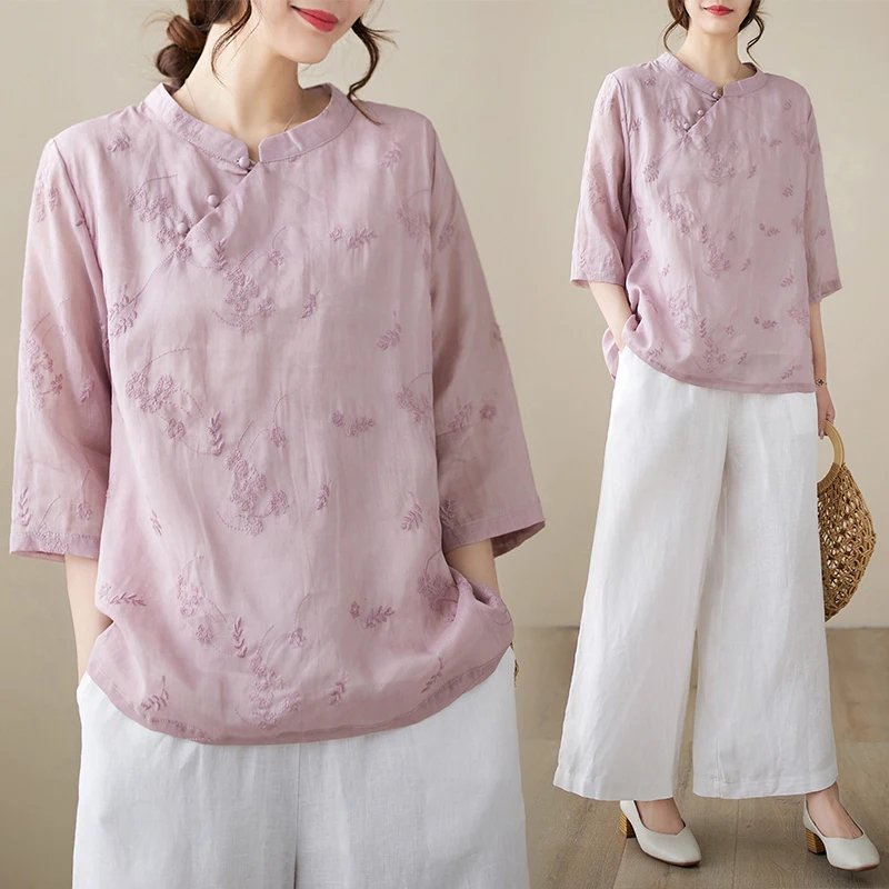 

Spring Summer 2026 New Chinese Style Stand Collar Cotton Linen Embroidered T Shirt mid Sleeve Base Shirt plus Size Slimming Top