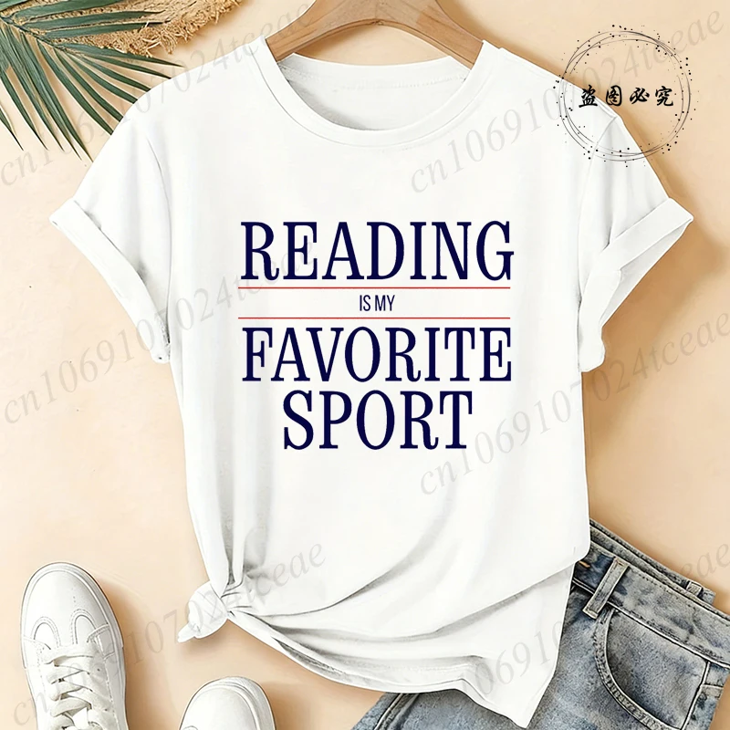 Reading Is My Favorite Sport Women's T-Shirts, Creative Women's Summer Tee Casual Y2k Personalized O Neck Shirts Booklover Gift