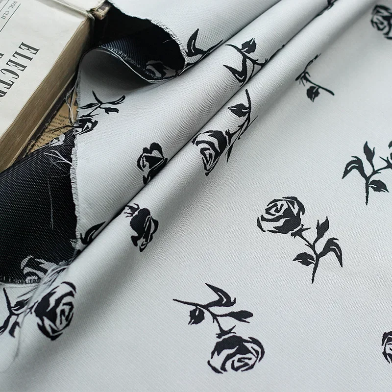 Black and White Rose Twill Jacquard Satin Fabric Simple Style Women's Dress Suit Diy Sewing Fabric