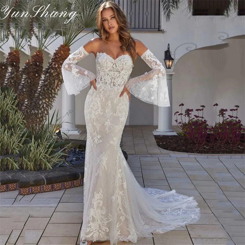 Yunshang Luxury Mermaid Wedding Dress Women 2024 Lace Long Sleeve Sweetheart Open Back Bridal Gown Sweep Train Vestidos De Novia