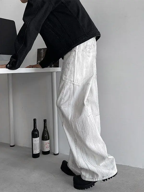 

TANGZ Studio American High Street Vintage White Jeans Men Loose Wide Leg Long Pants Knife Jeans Youth Trendy Casual