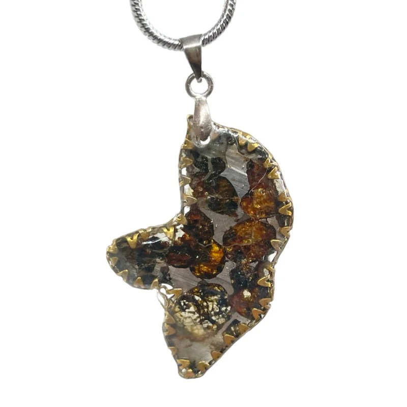 Sericho Pallasite Meteorite Pendant Gold‑Trimmed Freeform Olivine Crystal Space Mineral Necklace for Men Women TB326