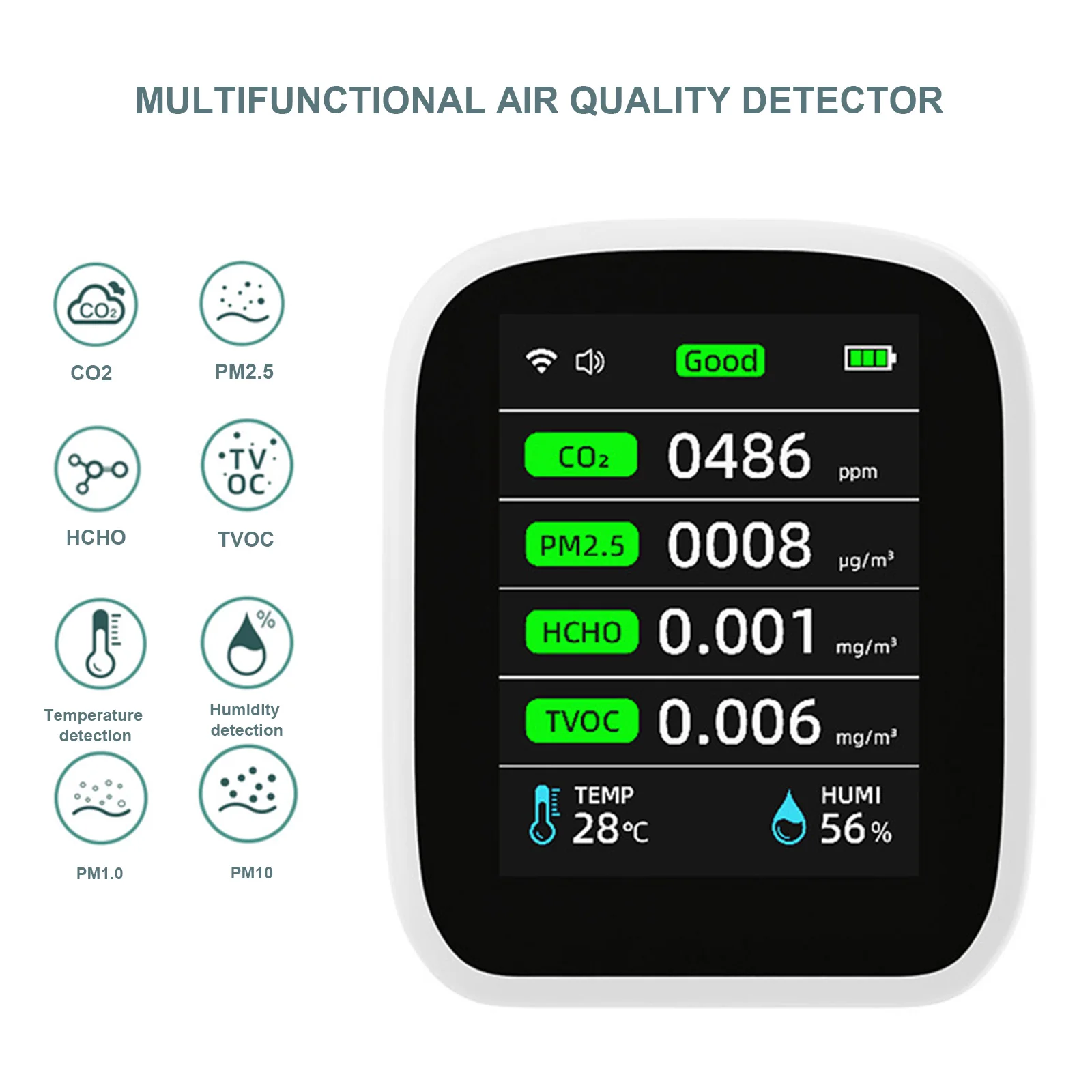 

8 in 1 Carbon Dioxide Detector Multifunctional Thermohygrometer Measuring Air Quality Monitor CO2 TVOC HCHO PM2.5/10/1.0 Tester