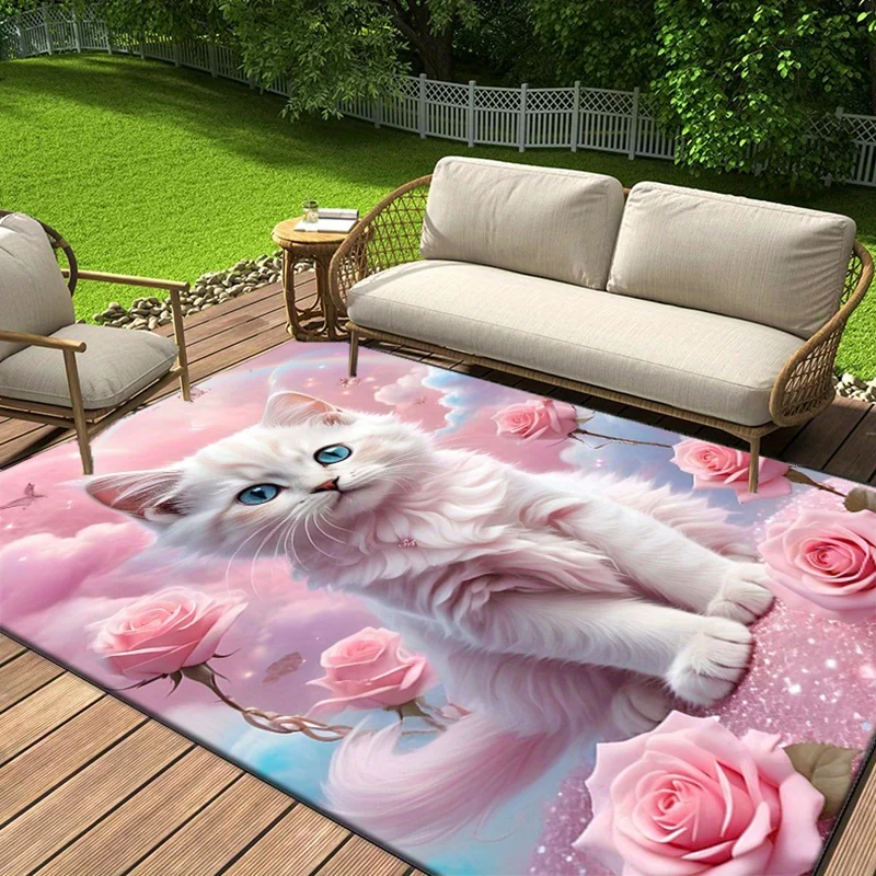 Alfombra rosa para gatos, hilo blanco suave con rosas románticas para decoración romántica, regalos para amantes de las mascotas, alfombra antideslizante que se puede lavar a máquina