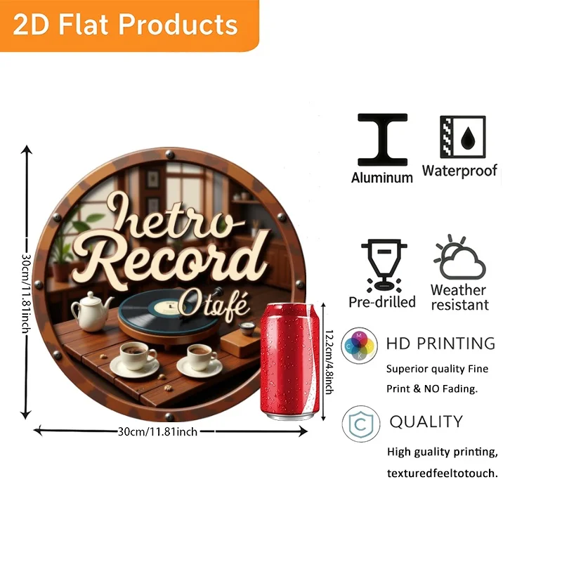 Vintage 11.8in Round Metal Sign, 2D Flat Black Vinyl Record Wall Art, Retro Otafe Design for Home Bar Cafe Garage, Easy Mounting