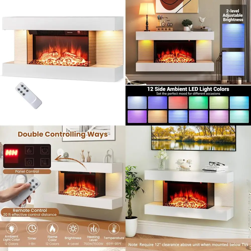 

Настенный 3-сторонний электрический камин с регулируемой каминной пластиной - 18 плавающих нагревателей под телевизор для расслабляющей жизни