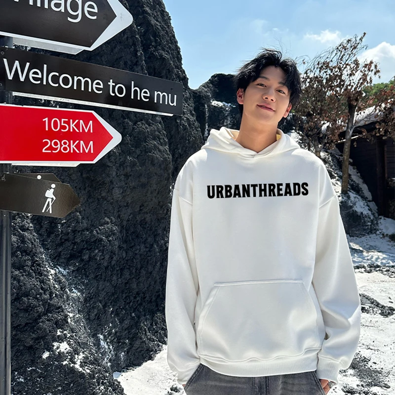 

Мужская толстовка оверсайз с капюшоном, плотная, 300 г/м², с надписью, белая, повседневная, уличный стиль, модный топ