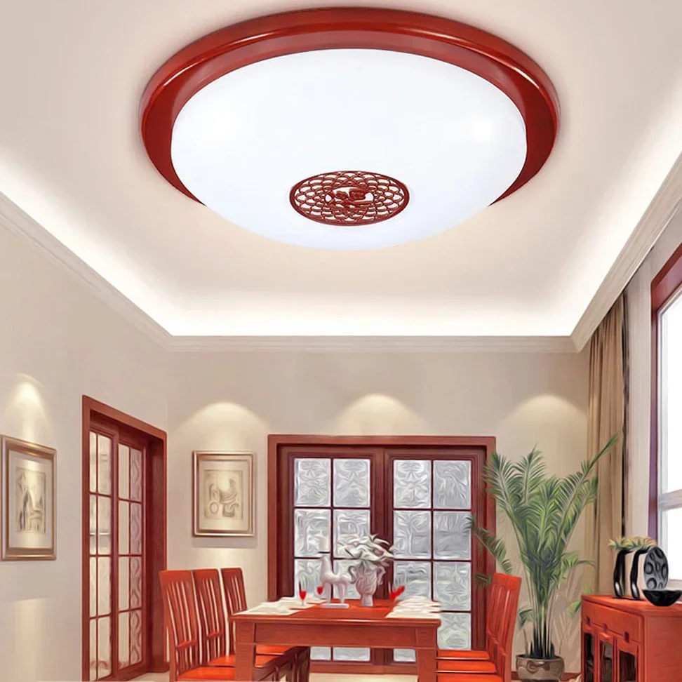 

New Chinese Style Wooden Acrylic Carved LED Red Round Ceiling Light Lamp For Foyer Study Corridor Hallway Balcony Bedroom