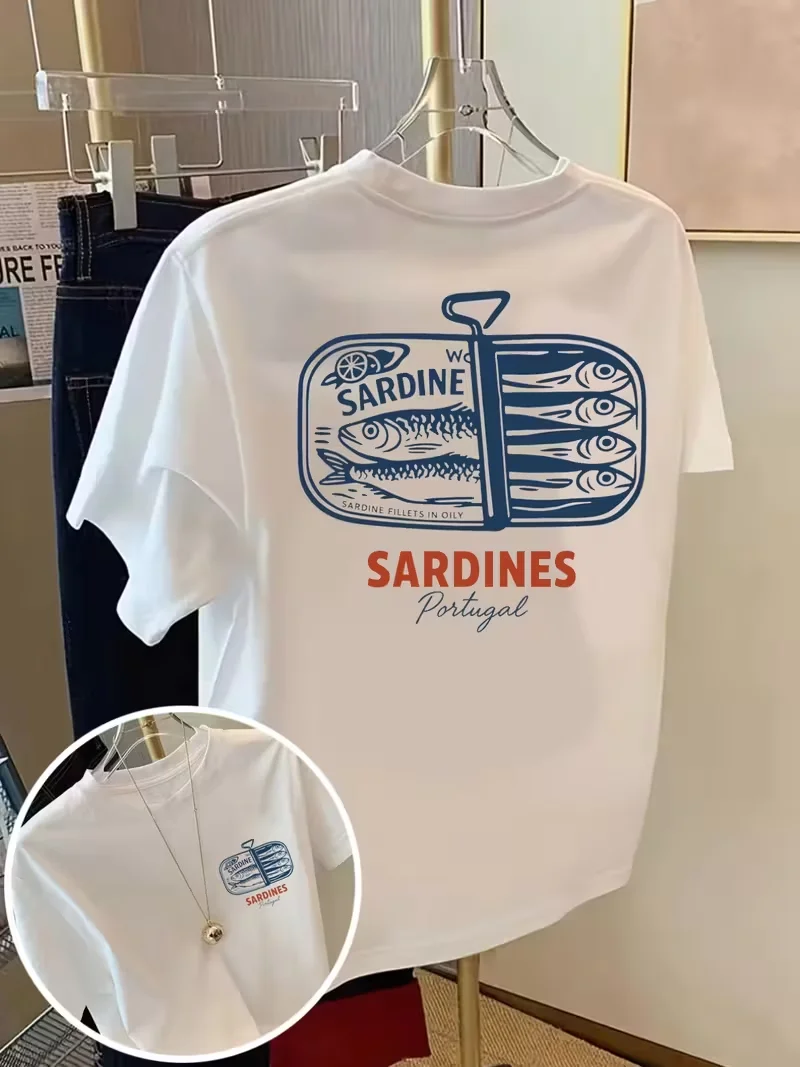 Camiseta Moderna con Estampado de Lata de Sardinas, Cuello Redondo, Impresión a Doble Cara, Unisex para Hombre y Mujer, Top Casual de Manga Corta para Primavera/Verano