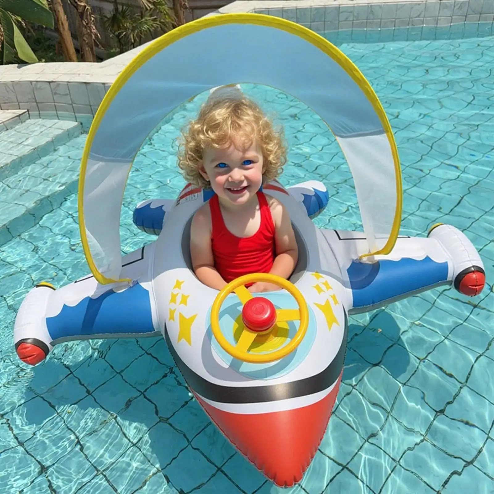 Flotteur de piscine pour bébé, radeau gonflable en forme d'avion avec auvent de Protection solaire, jouets d'eau pour enfants âgés de 1 à 6 ans