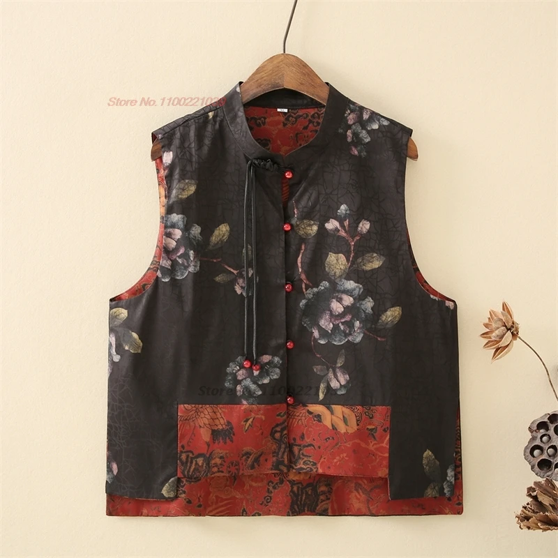 2024 women ethnic hanfu tops chinese vintage double-sided wear vest sleeveless jacket national flower print folk vest tang suit