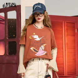 ELFSACK 2024 Autumn New Arrive Dark grey round neck fox print mesh stitching fake two-piece long-sleeved T-shirt for women