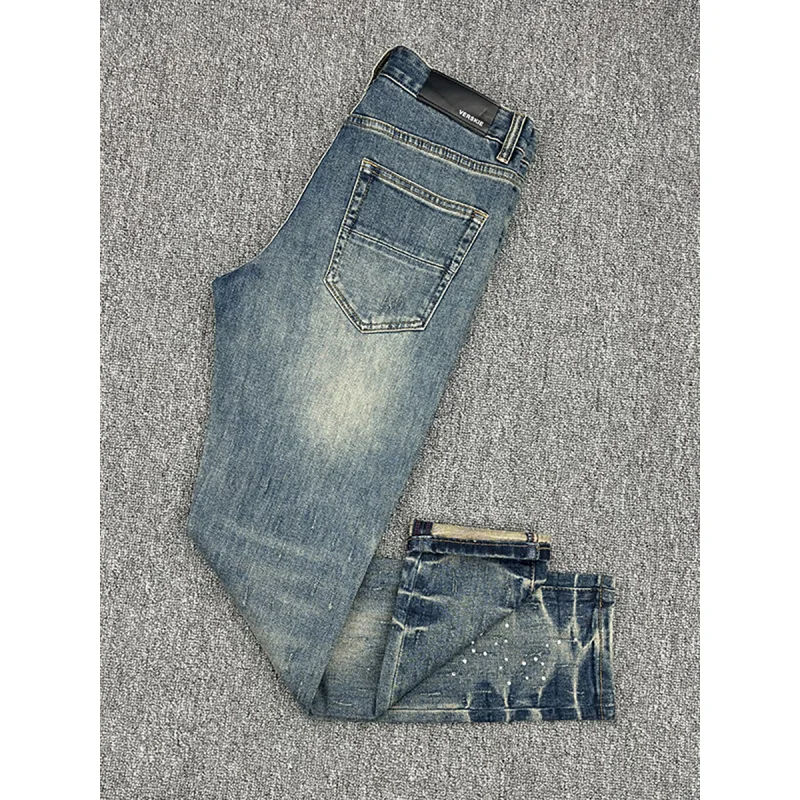 

Light luxury rhinestone design jeans for men's spring and summer 2025 new collection, elastic slim fit, small toe hole pants
