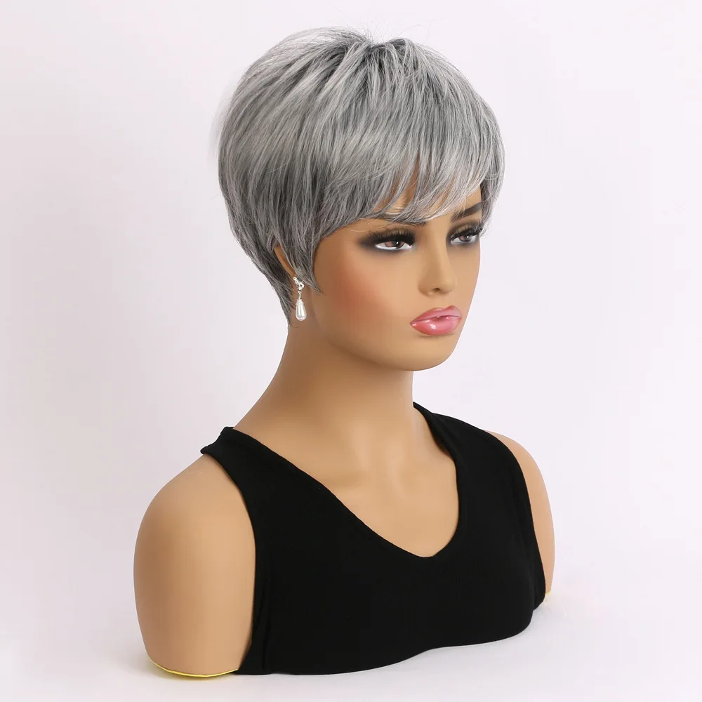 شعر مستعار بوب رمادي فضي قصير مستقيم الشعر الاصطناعية ألياف مقاومة للحرارة شعر مستعار كامل للنساء