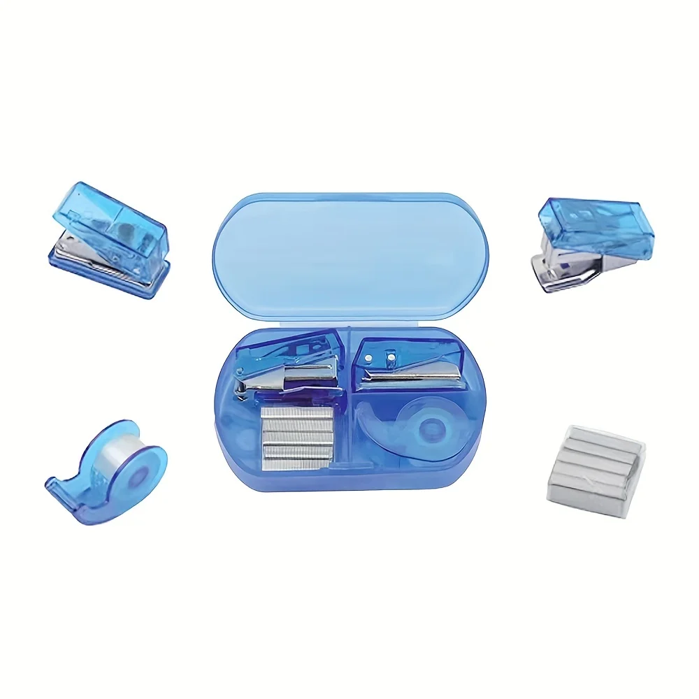 Blue Mini Office Supply Set,Include Mini Stapler,Tape Dispenser,Hole Puncher,Staples,Mini Desktop Stapler for Office or School .