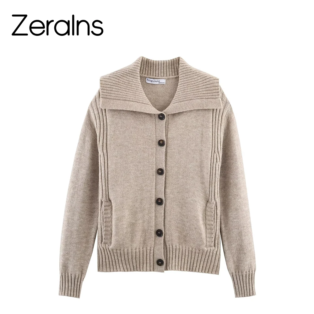 

ZERAINS 2025 зимний новый модный пикантный стиль для девочек, свободный воротник, ребристый край, вязаный кардиган, пальто