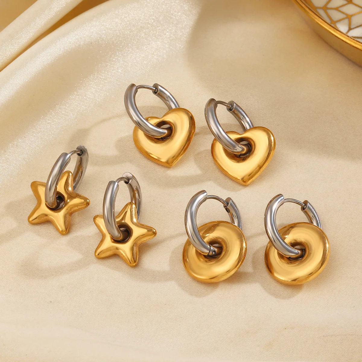 Tarnish Free Chunky Fashion 18k Gold Color Silver Plated Sunflower Star Heart Hoop Stainless Steel Earrings Women