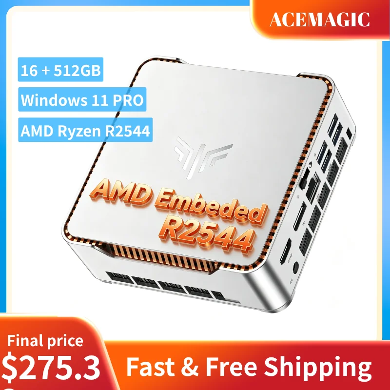 ACEMAGIC Mini PC AMD Ryzen Embedded R2544 16GB DDR4 512GB SSD Windows 11 Pro Dual Storage Up to 4TB Triple 4K Display Business D