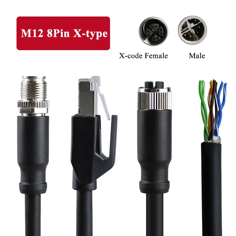

M12 8-контактный разъем X-кода к промышленному сетевому кабелю RJ45 Profinet/EtherCat M12 8-контактный разъем X-типа «папа» и «мама», экранированный провод IP67