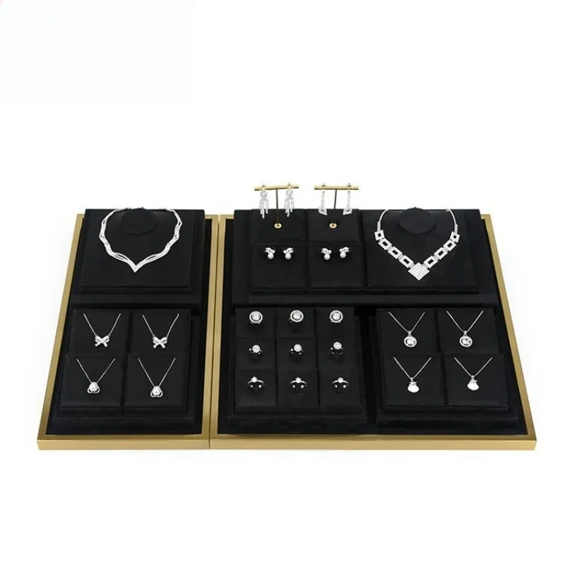 Necklace ring display tray, black microfiber premium metal frame.