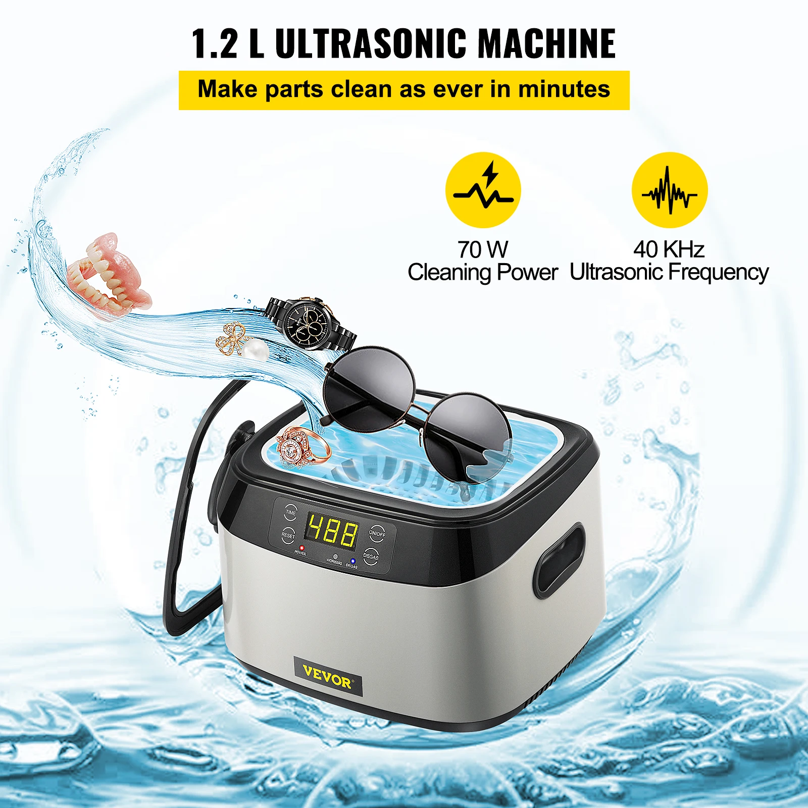 VEVOR 1.2L Ultrasonic Cleaner 40kHz Ultrasonic ABS Plastic & 304 Stainless Steel With Timer for Fruits Jewelry Glasses Watches