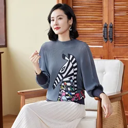 Miyake Pleated Top Women's 2024 Spring New High-end Fashion Printed Round Neck Three-quarter Sleeve Pleated T-shirt Clothing