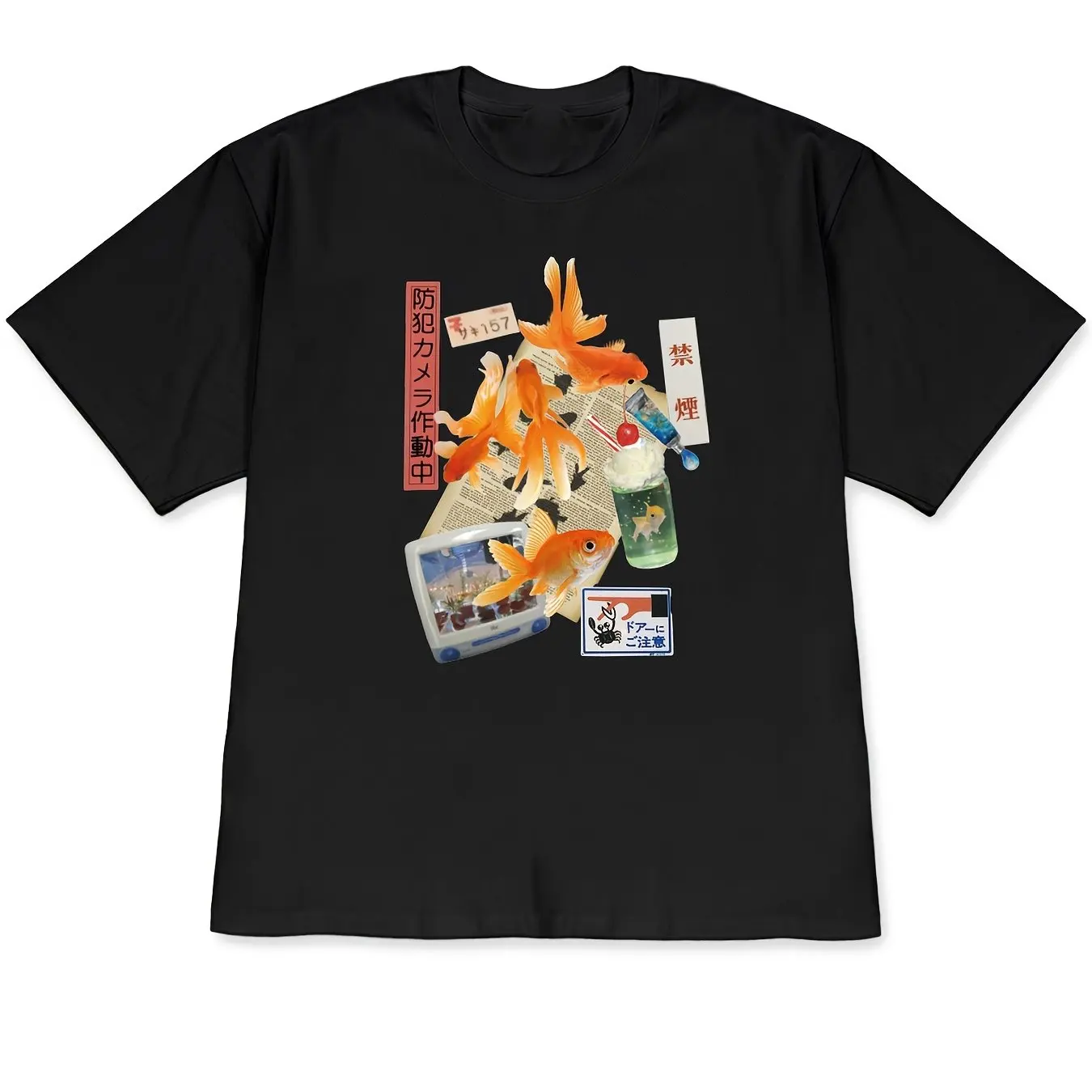 2026 Spring/Summer New Drop-Shoulder T-Shirt Short Sleeve Japanese Collage Style Goldfish Newspaper Decorative Drinks Small TV