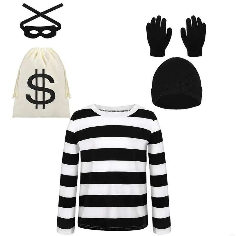 Halloween Robber Costume Set Thief Cosplay Stripe Shirt Mask Gloves Caps