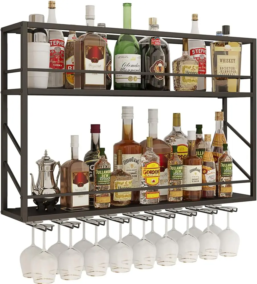 

2-Tier Metal Wall Wine Rack with Glass Holder, Space-Saving Storage for Home Bar, Kitchen (31.4x7.8x26in)