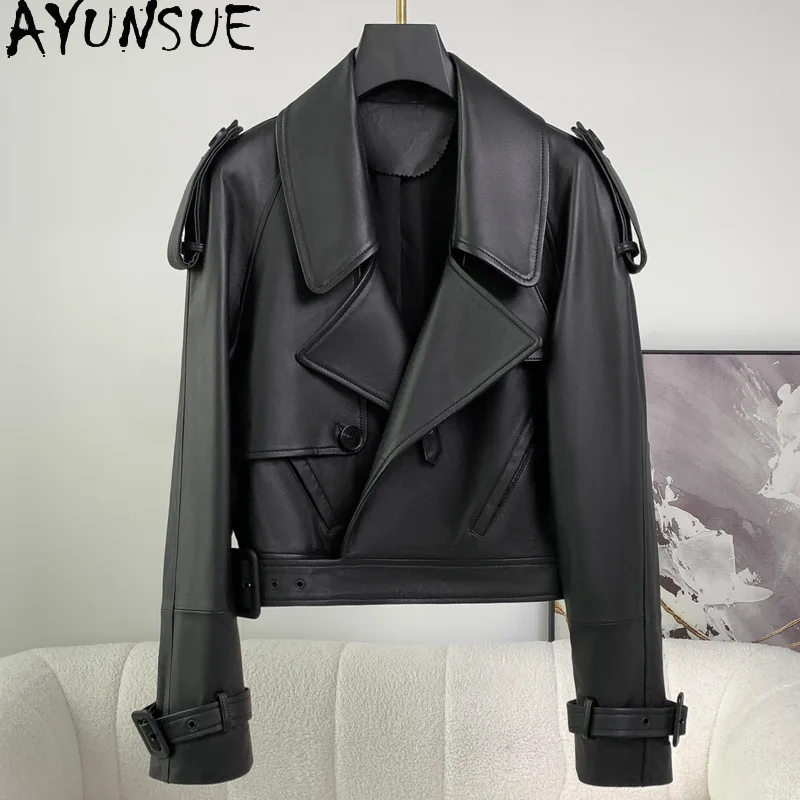 AYUNSUE Sheepskin จริงหนังแจ็คเก็ตเสื้อผ้าผู้หญิง 2025 รถจักรยานยนต์แจ็คเก็ตหลวม Fit ฤดูใบไม้ผลิฤดูใบไม้ร่วงสตรีเสื้อ Jaqueta De Couro