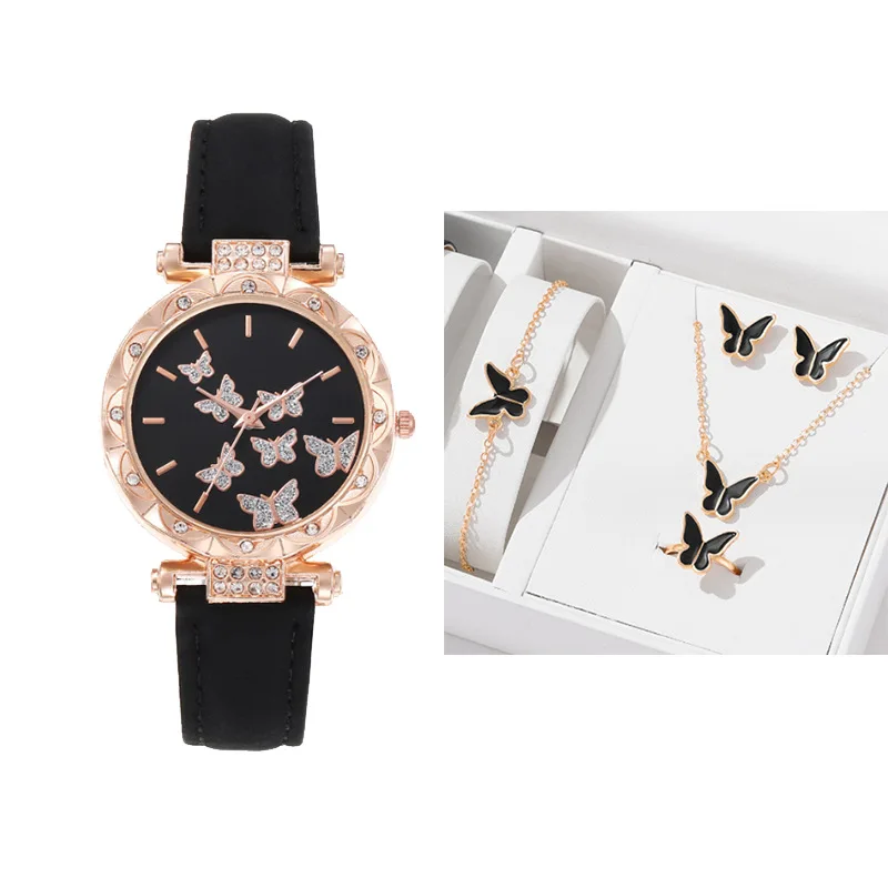 

Fashion Quartz Watches Bracelet Necklace Earing Ring 5pcs Watch Set Clock Calendar Leather watches for Women