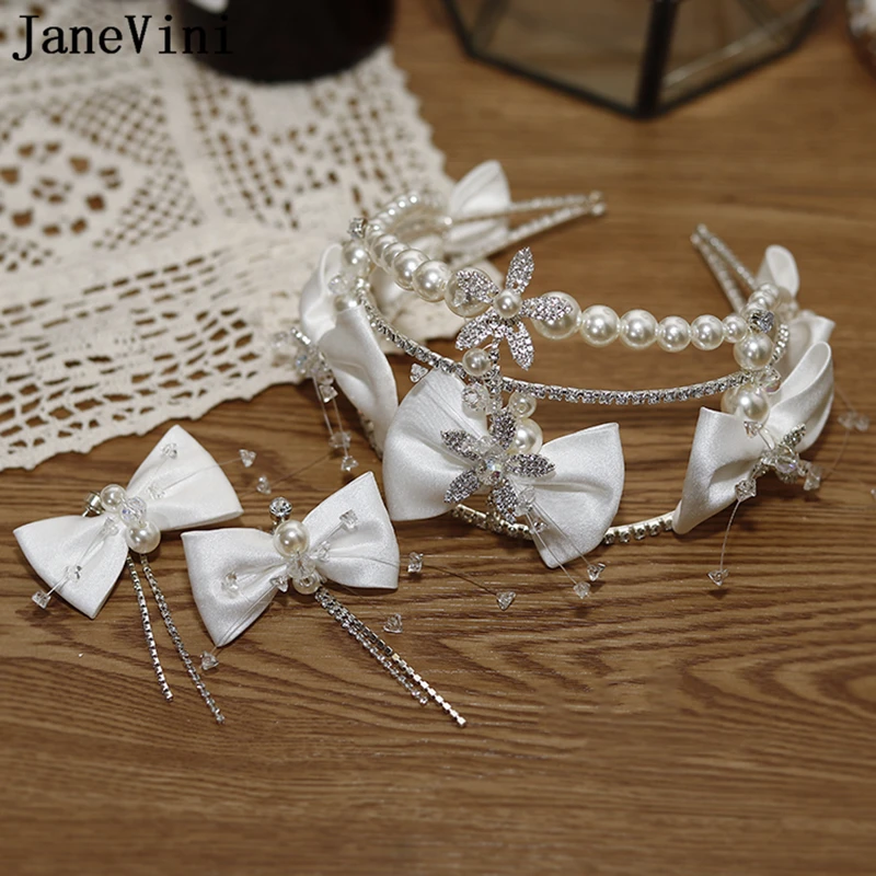 JaneVini-diadema de perlas de La Reina de Corea para mujer, diadema de plata con lazo de diamante, coronas nupciales y Tiaras, conjunto de pendientes, joyería para el cabello, tocado de novia