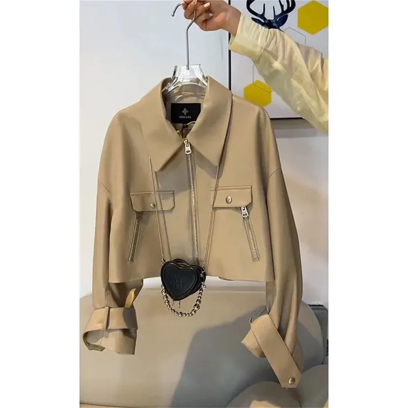 Leather Coat Spring Autumn 2024 New Retro Short Coat Women Fashion Zipper Pocket Leather Jacket Khaki Black Loose Outwear Female