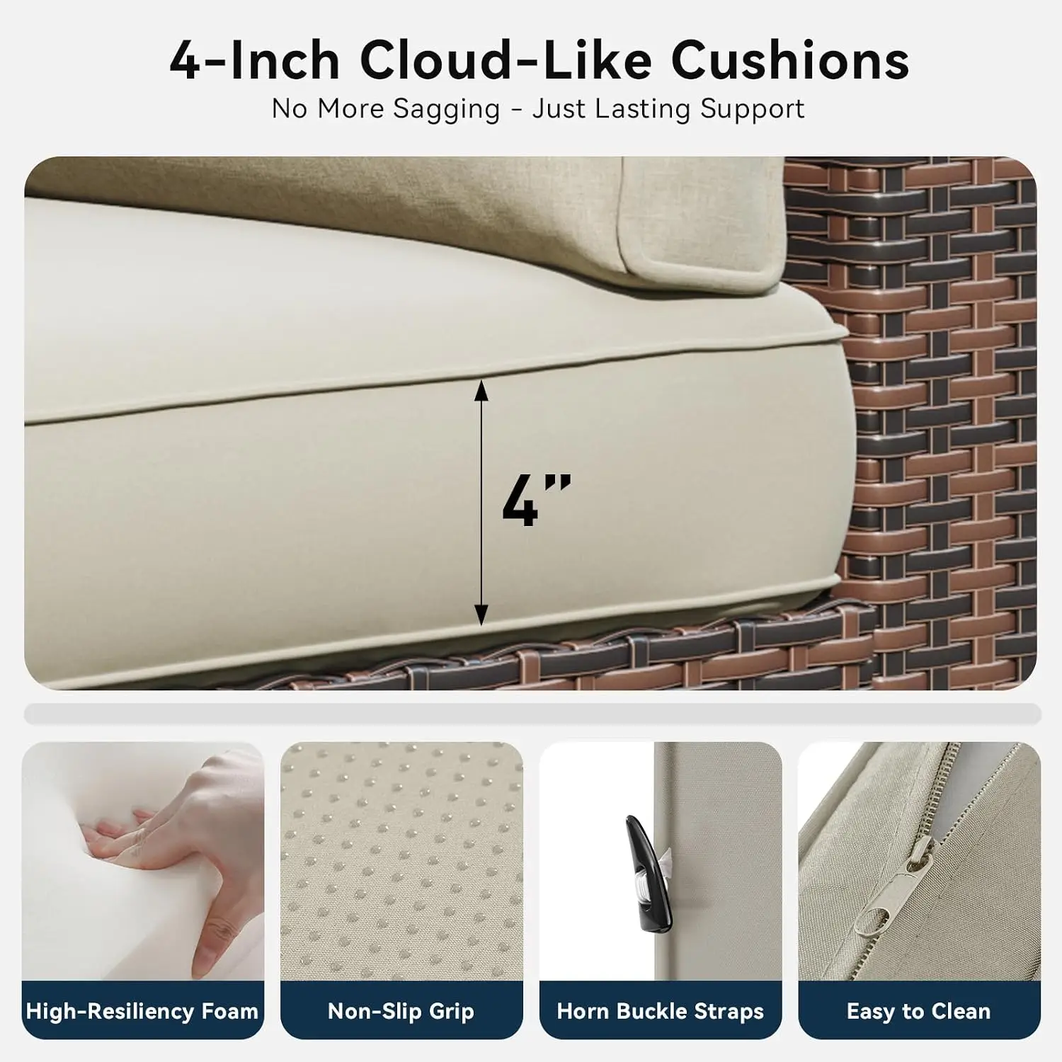 Outdoor Patio Furniture Set with 44'' Fire Pit & 4'' Thick Cushion, Wicker Rattan Sofa for Backyard Garden, Beige, Customized