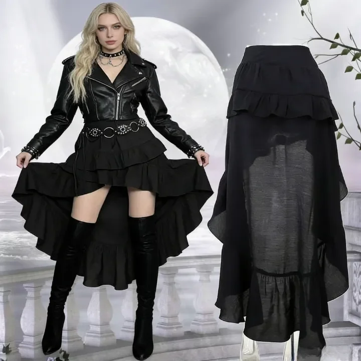 Gonna asimmetrica gotica nera da donna anni '90 retrò con volant a strati alto basso midi scuro moda alternativa punk grunge streetwear