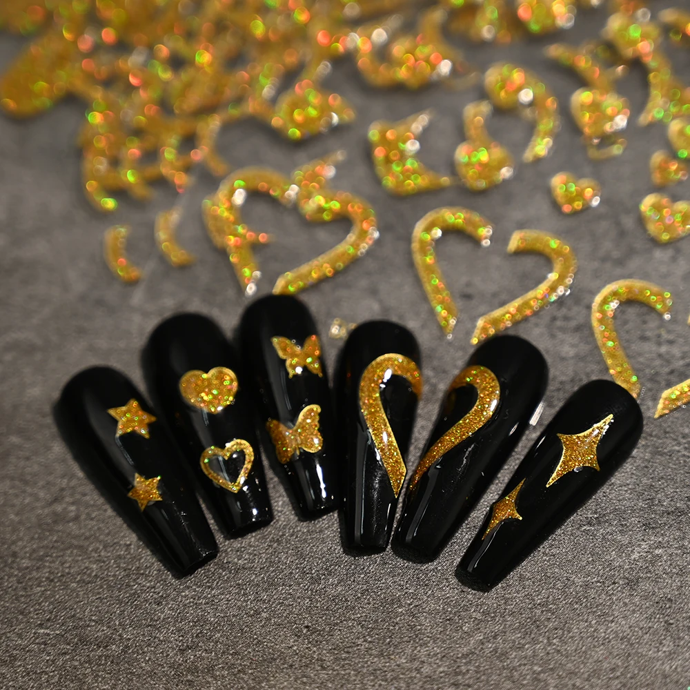 Gold Glitter French Tip Nail Art Stickers 3D Sparkly Silver Red Line Heart Nail Decals Self Adhesive Glitter French Nail Sliders