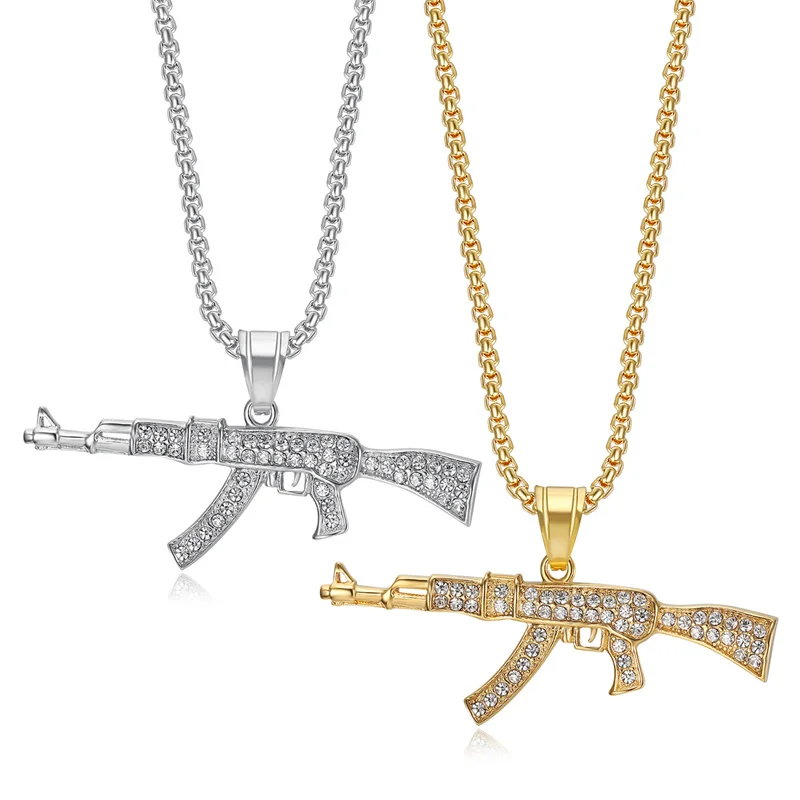 Personalized Rock Jewelry Stainless Steel Submachine Gun Pendant Necklace Fashion HIP HOP Ak-47 Clavicle Chain For Men Gift