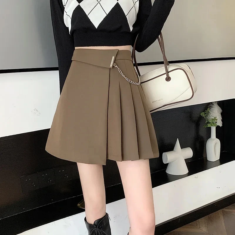 Women Mini Skirt Preppy Style Solid Chic Folds Chain Sweet High Waist Female Skirt Patchwork New All Match Ladies A Line Skirt