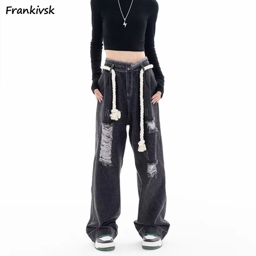 Ripped Women's Jeans Baggy Hollow Out High Waist Fashion Streetwear Hip Hop Chic Full-length American Style Spicy Girls Dancer