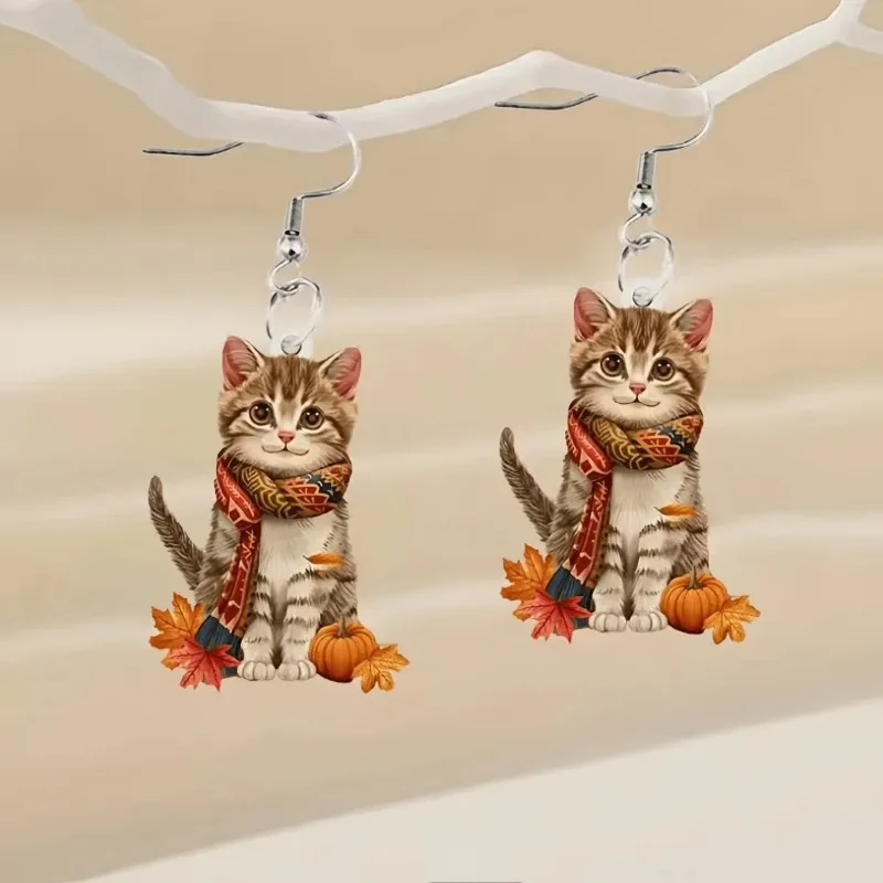 New Acrylic Flat 2D Cat Earrings Creative Hot Home Christmas Cat with Scraf Pendant Earrings Exquisite Gifts Woman Jewelry