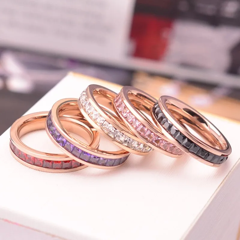 Stainless Steel Stackable Colorful CZ Eternity Ring Wedding Band for Women Girl Size 3-10