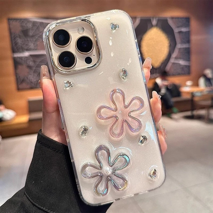 حافظة هاتف مصنوعة يدويًا من الزهور المجوفة لهاتف آيفون 17 16 15 14 13 Pro 12 11 Max 16 Pro Max حافظة هاتف ماسية فلاش غطاء فريد من نوعه