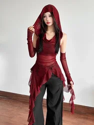 Y2K Vintage 90s Grunge Mesh See Through Hooded Tops Streetwear Irregular Hem Ruffles Hoodie Women Slim Blouse with Cuffs New
