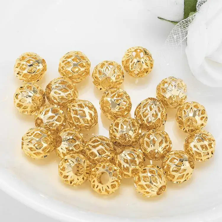 10PCS 4mm 5mm 6mm 8mm 10mm 14k Gold Color Plated Brass Metal  Hollow Spacer Beads High Quality Diy Jewelry Accessories
