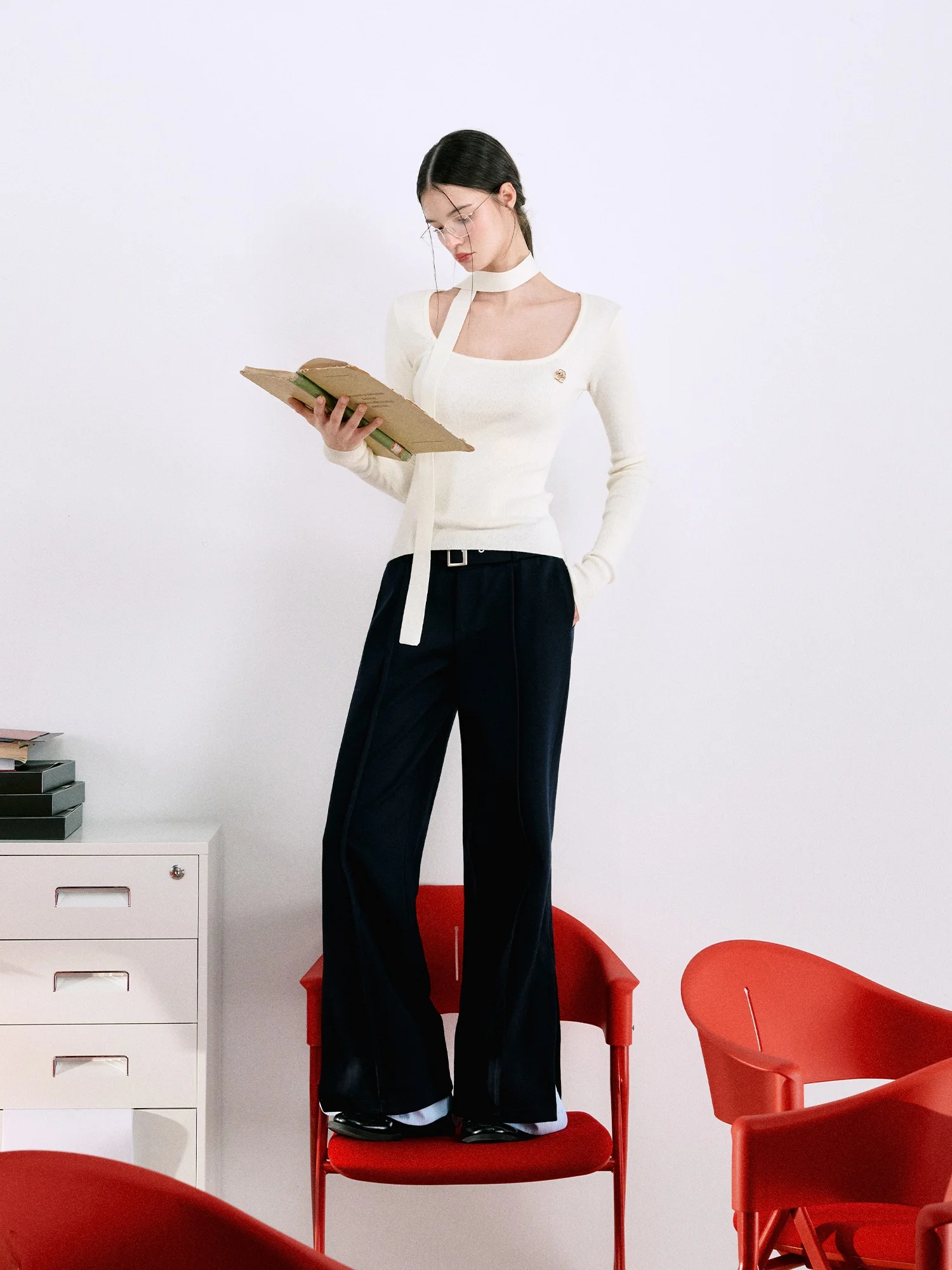 LaluneDuCiel suave Base de punto irt + bufanda mujer otoño cuello cuadrado Color puro prendas de punto ajustado largo Sve camiseta