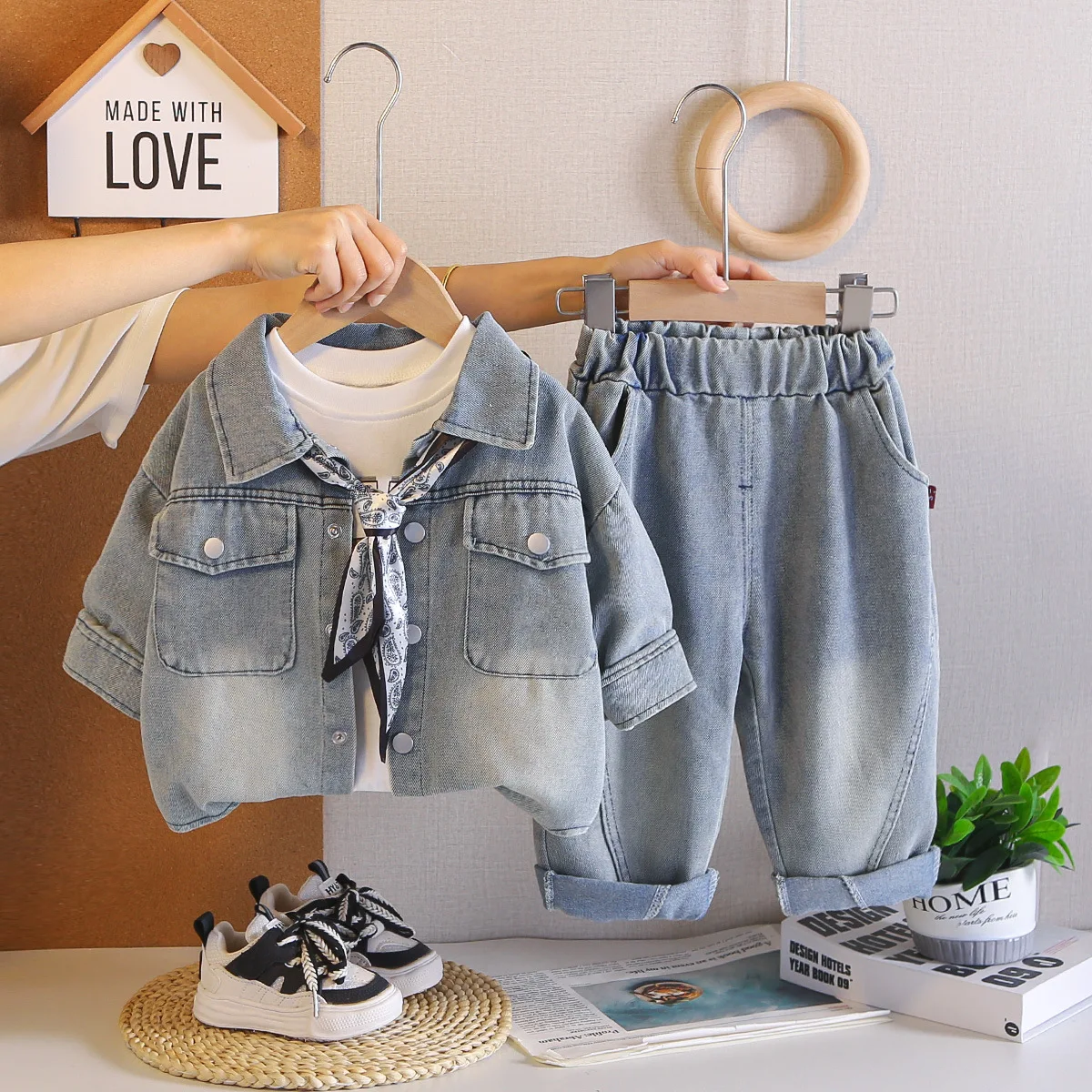 Toddler Boys Outfit Set Kids Fall Clothing 2026 Spring Autumn Baby Boy Clothes 0-5T Denim Coats + White T-shirts + Pants Suit
