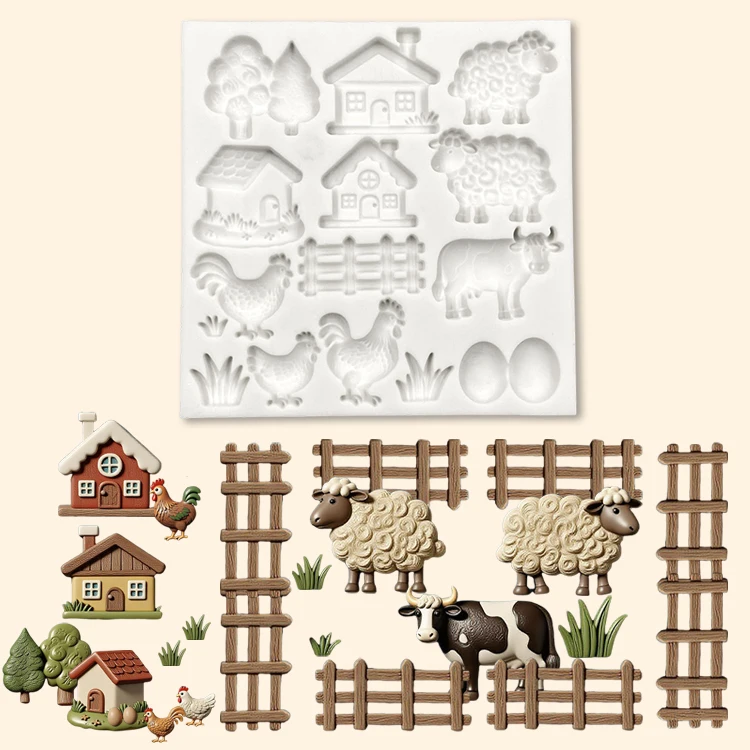 

Farm Series Silicone Molds House Fence Aniamls Squirrels Cats Dogs Chickens Cattle Sheep Diy Baking Tools Cake Decoration