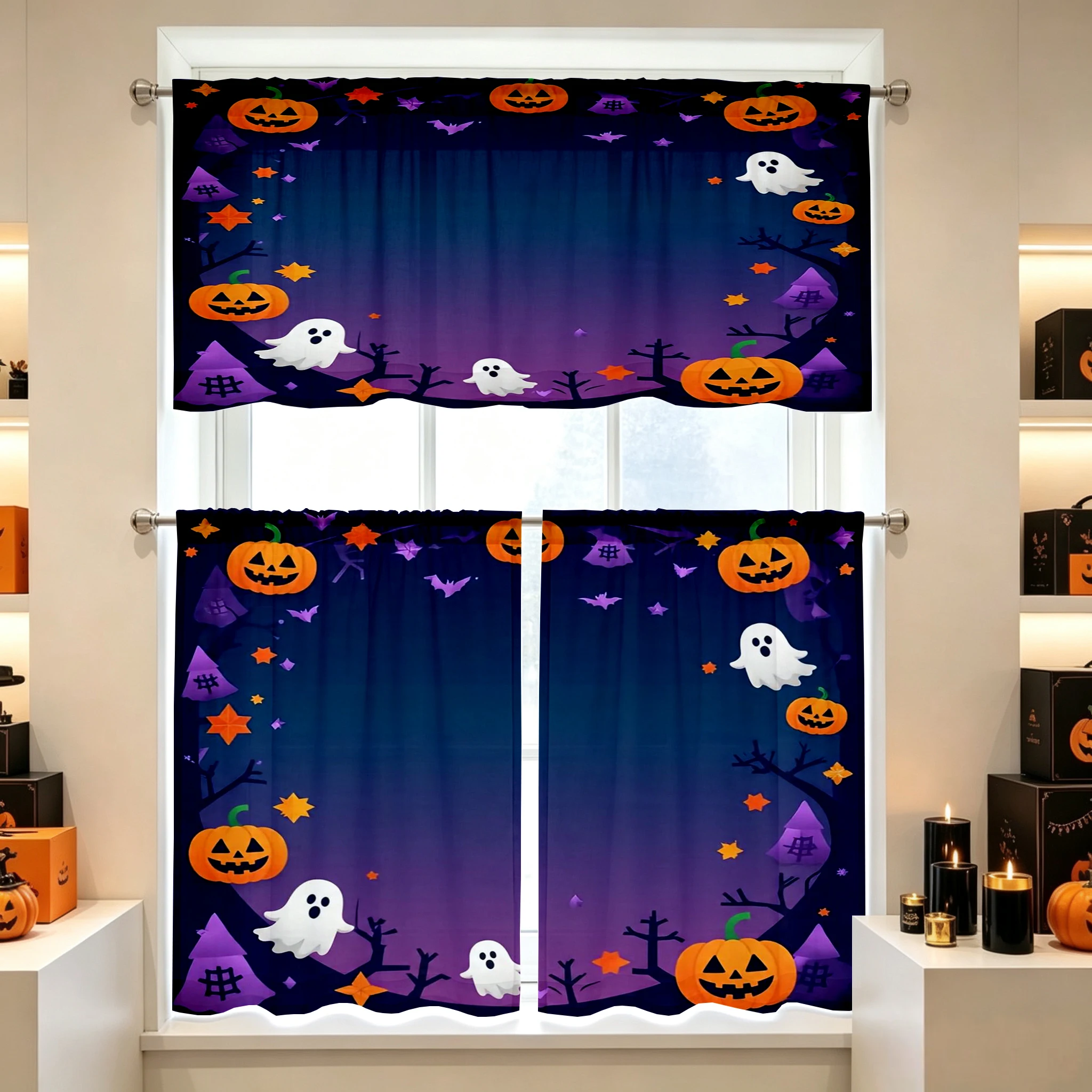 Halloween Fall Kitchen Curtains, Gradient Haunted House, Digital Print, Kitchen Dining Room, Rod Pocket Polyester, Home Decor